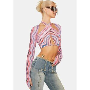 AFRM Cordelia Multi Wave Pink Psychedelic Mesh Long Sleeve Halter Top Festival